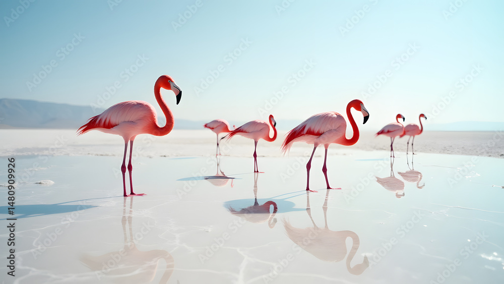 Obraz premium Pink flamingos contrasting against white salt flats in this vibrant HD nature and wildlife wallpaper.