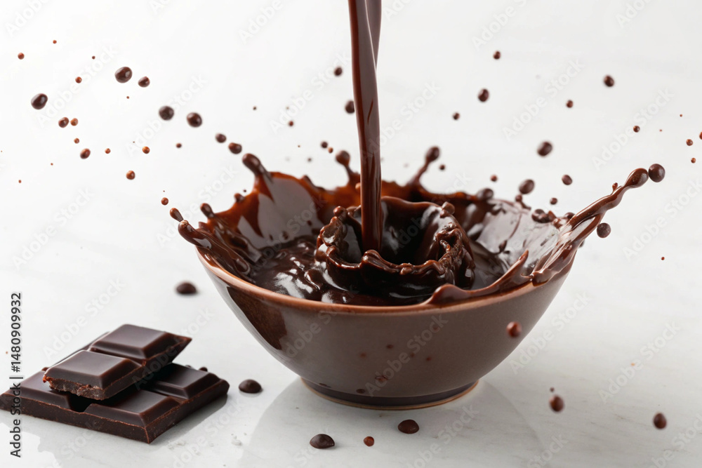 Fototapeta premium Delicious chocolate splash pouring into a bowl with scattered droplets and chocolate bars