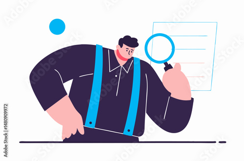 An illustration of a man closely examining a document with a large magnifying glass, symbolizing review, inspection, or research.