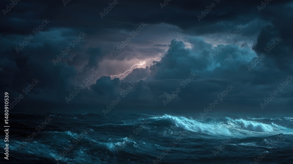 Obraz premium A stunning image of dark ocean storm at night with lighting and waves.