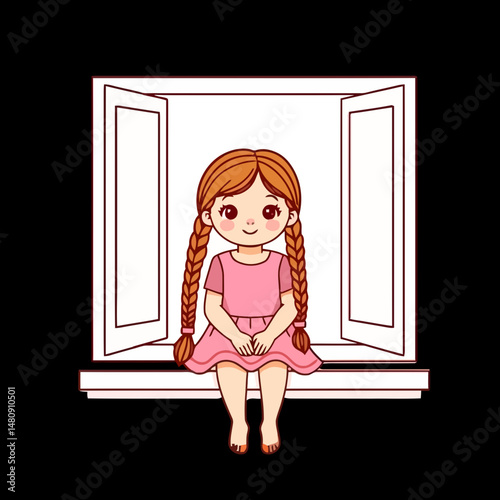 Pensive Girl by the Window: A charming illustration captures a young girl with pigtails, sweetly seated by an open window frame, her gaze filled with quiet contemplation. 
