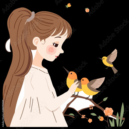 Girl and Birds: An illustrated scene of a young girl tenderly interacting with a flock of small, vibrant birds, creating a serene and whimsical moment.