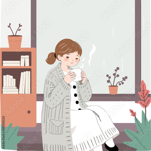 Cozy Moment: A charming illustration captures a relaxed woman enjoying a warm drink by the window, a moment of tranquility and solitude indoors.