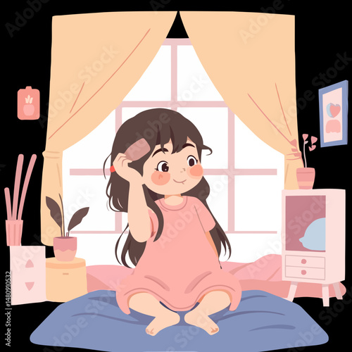 Cozy Morning Routine: A sweet cartoon girl sits up in bed, enjoying the simple act of combing her hair. Captured in a warm, inviting illustration, soft colors emphasize the feeling of home.