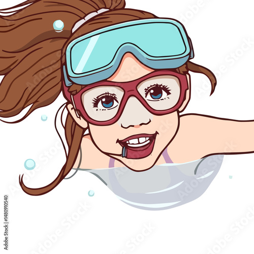 Joyful Girl Swimming in Water: A vibrant illustration portrays a happy girl immersed in water, with a cheerful expression, wearing swim goggles, enjoying her aquatic adventure.