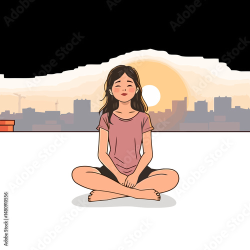 Mindful Moment: A serene woman sits in lotus position, meditating with eyes closed as the sun sets, radiating peace and tranquility. The city skyline provides a backdrop.