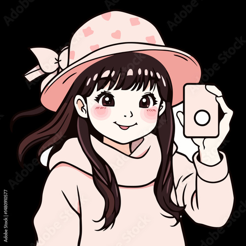 Girl's Portrait in Gentle Hues: A cute girl, wearing a pink hat and holding a small device, radiates charm, captured in soft illustration