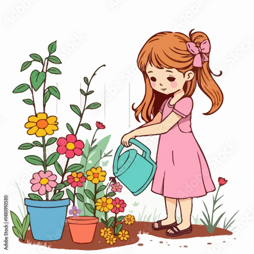 Nurturing Bloom: A charming little girl tends to a vibrant collection of colorful flowers, watering them with care, in a scene of gentle growth and love for nature.