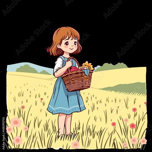 Girl with Basket: A heartwarming illustration of a young girl carrying a basket filled with flowers, surrounded by a field of blooming wildflowers and a cheerful, idyllic landscape.