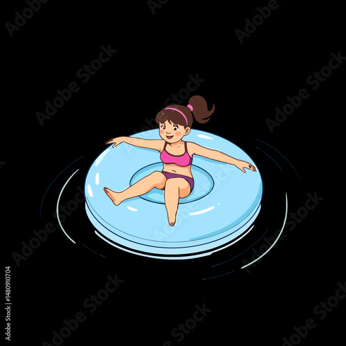 Floating in Summer Bliss: A joyful girl, smiles as she floats in a turquoise inner tube, embodying the carefree spirit of summer and leisure. Capturing the perfect summer vibes