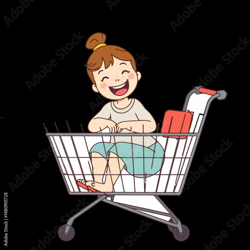 Playful shopping cart joy: A joyful illustration showcases a woman seated comfortably within a shopping cart, her infectious laughter a beacon of fun and lightheartedness.