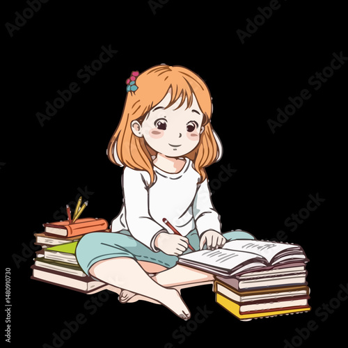 Young Scholar immersed in Study: A young, studious individual engrossed in the world of literature and learning, seated amidst a stack of knowledge and exploring the pages of a book.