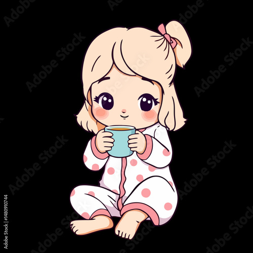Cute Girl Drinking Tea: Adorable cartoon illustration of a little girl in pink polka dot pajamas happily sipping from a light blue teacup.