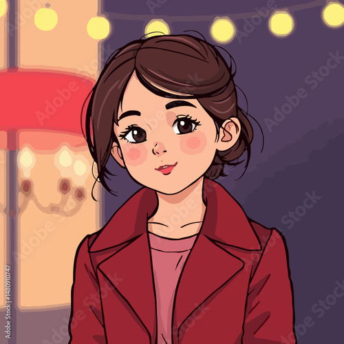 Poised Portrait: A stylized illustration of a young woman, radiates charm with her stylish attire, softly lit by the evening ambiance and capturing a moment of serene contemplation.
