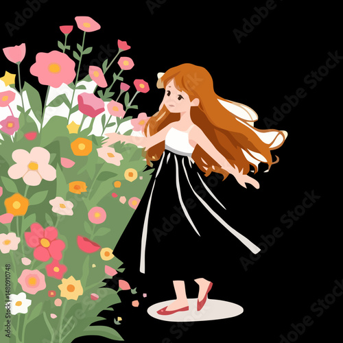 Blissful Girl in Garden: A whimsical illustration of a cheerful girl, adorned with a flower crown, delicately dancing among vibrant flowers, celebrating the beauty of nature.