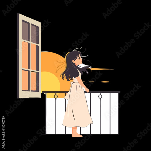 Sunset Reverie: A girl gazes at a vibrant sunset from her balcony, with gentle breeze playing through her hair. her wistful expression captures a moment of tranquility and contemplation.