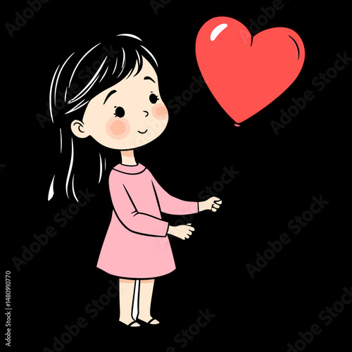 Girl and Heart Balloon: A cheerful illustration of a young girl gazing with adoration towards a heart-shaped balloon, which floats gently nearby, capturing the sweetness of innocence and affection.