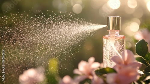 Elegant perfume bottle spraying delicate mist soft pink flowers golden cap summer garden background