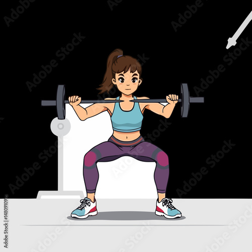Fitness Journey: A woman engaging in a barbell squat exercise, showcasing her dedication to fitness and a healthy lifestyle. The illustration captures strength, determination.