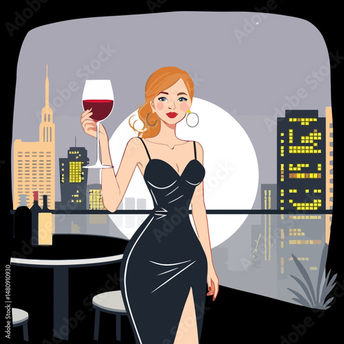 Elegant Evening: A stylish woman in a chic black dress, holds a glass of red wine, enjoying an evening against a backdrop of city lights, creating an atmosphere of sophistication and refined taste.