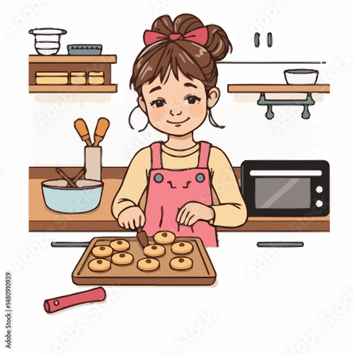 Sweet Treats Creation: A joyful girl in a cute apron is carefully placing the cookies onto a baking sheet in a home kitchen setting.