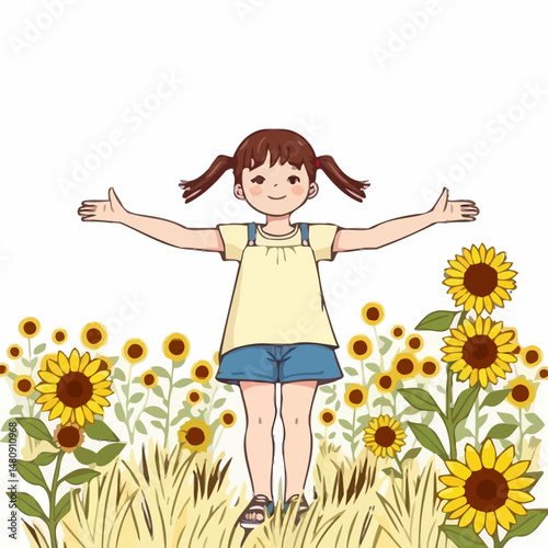 Child among Sunflowers: A young girl extends her arms, embracing a vibrant field of sunflowers, embodying joy, freedom, and a connection with nature in a picturesque setting.