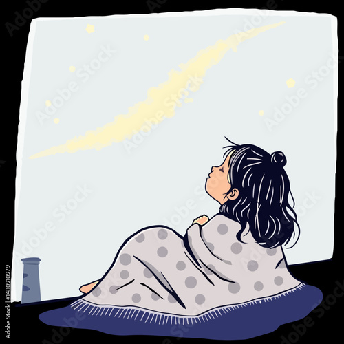 Dreamer under the moon: A little girl sits nestled indoors, wrapped warmly, her gaze lifted towards the celestial canvas painted outside the window.