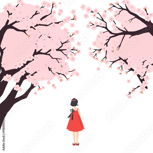 Blossom Serenity: An illustration of a young woman gazing at a beautiful blossoming tree, bathed in soft, warm light, evokes feelings of peace, spring, and natural beauty.