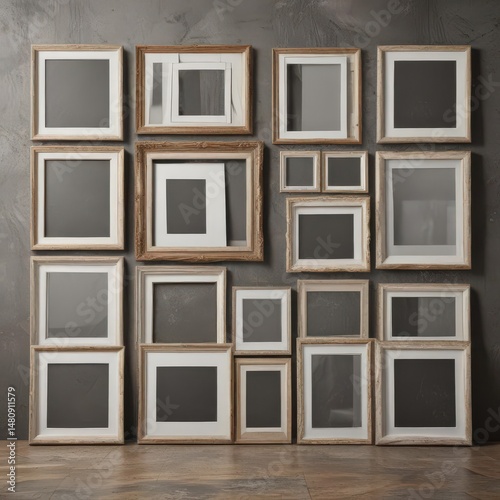 Empty photo frames collage mockup on textured background, various sizes and styles ,  white,  surface