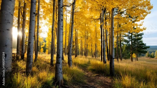 A serene view of a golden aspen forest illuminated by sunlight, showcasing vibrant autumn foliage against a backdrop of calm nature and tranquility.