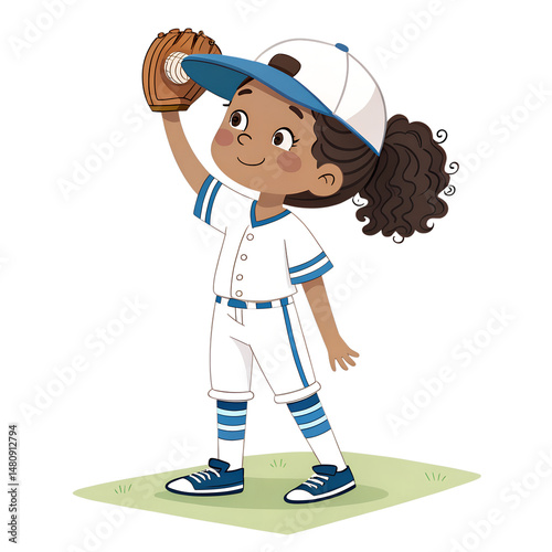 Cartoon Girl Softball Player with Glove and Ball on Transparent Background