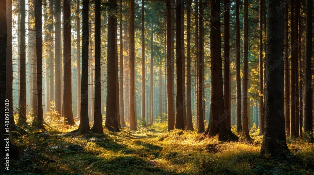 Fototapeta premium A stunning image of tall straight trees in a sunny forest in the summer. Creative banner. Copyspace image.