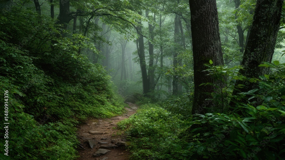 Obraz premium A stunning image of misty forest trail leads into the dense, green woods, providing a tranquil and mysterious atmosphere perfect for outdoor exploration and adventure.