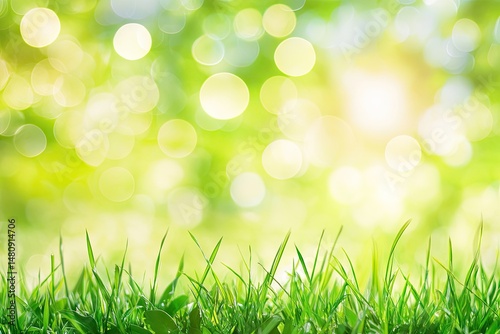 Lush green grass in a serene outdoor setting. with soft bokeh lights creating a dreamy background. perfect for nature-themed projects or tranquil landscapes