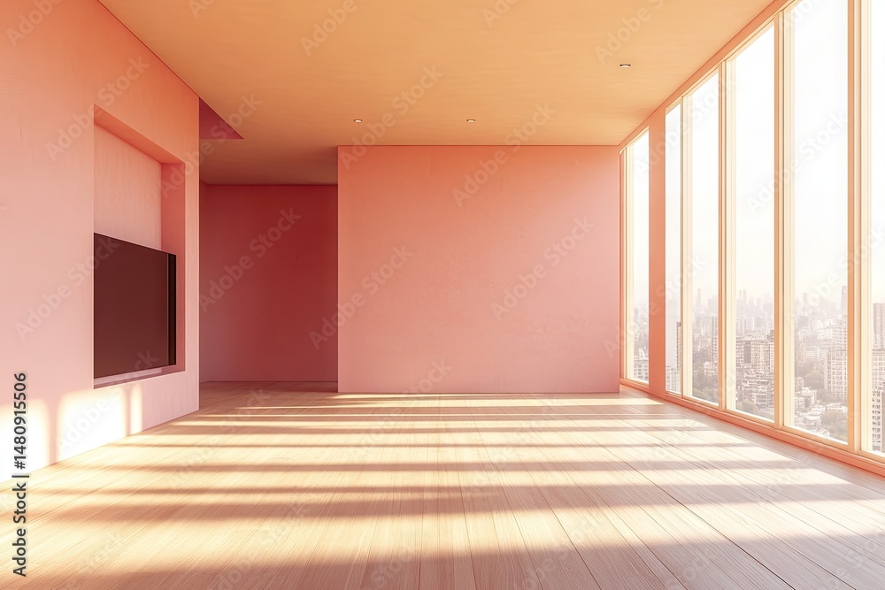 Obraz premium Bright and airy interior of a modern empty room with pink walls. featuring large windows that showcase a city skyline in the background. perfect for real estate or design use