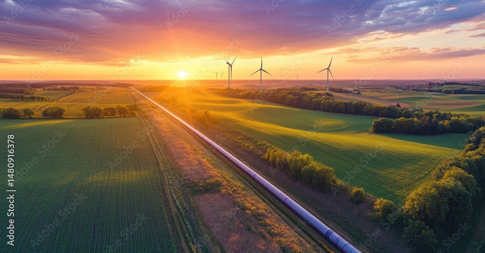 Naklejka premium A breathtaking aerial view of a long pipeline stretching through vibrant green fields. with wind turbines turning in the background under a colorful sunset sky