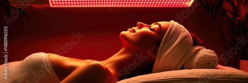 A serene woman undergoing a rejuvenating skincare treatment under a warm red light. with a minimalistic background enhancing the calming atmosphere of the spa environment