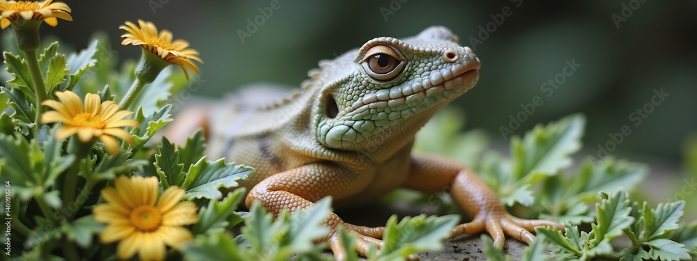 Naklejka premium Vibrant Lizard, Lush Greenery, Detailed Close-up