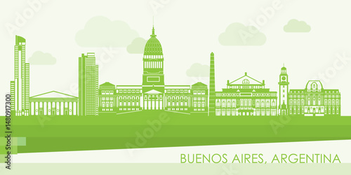 Green Skyline panorama of city of Buenos Aires, Argentina - vector illustration