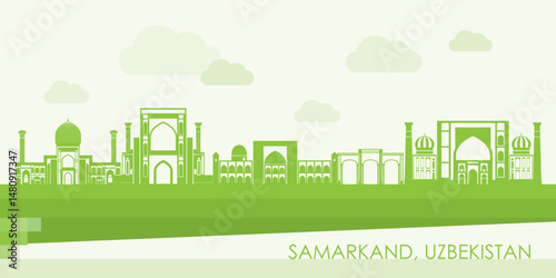 Green Skyline panorama of city of Samarkand, Uzbekistan - vector illustration