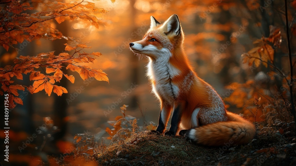 Naklejka premium Autumn fox in forest