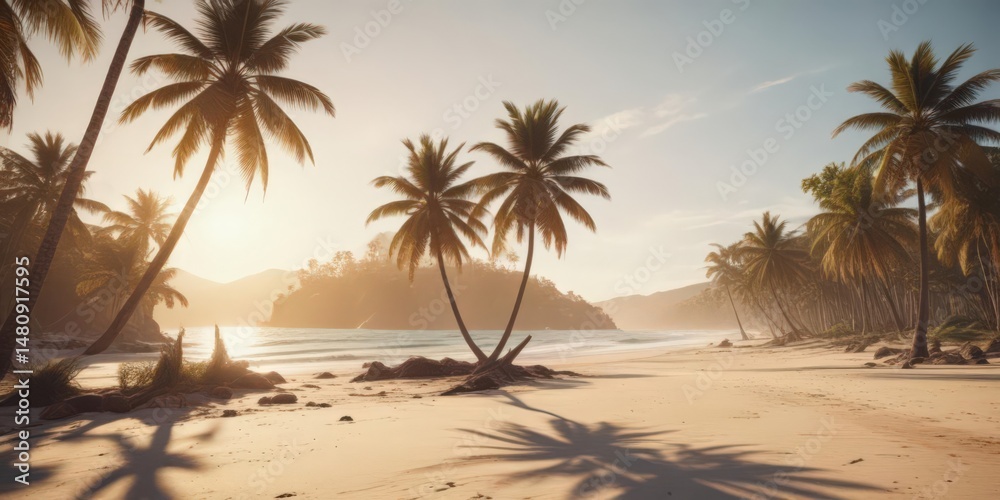 Obraz premium Sun-drenched beach, palm trees, vintage film grain, soft light, sunlight, beach scene
