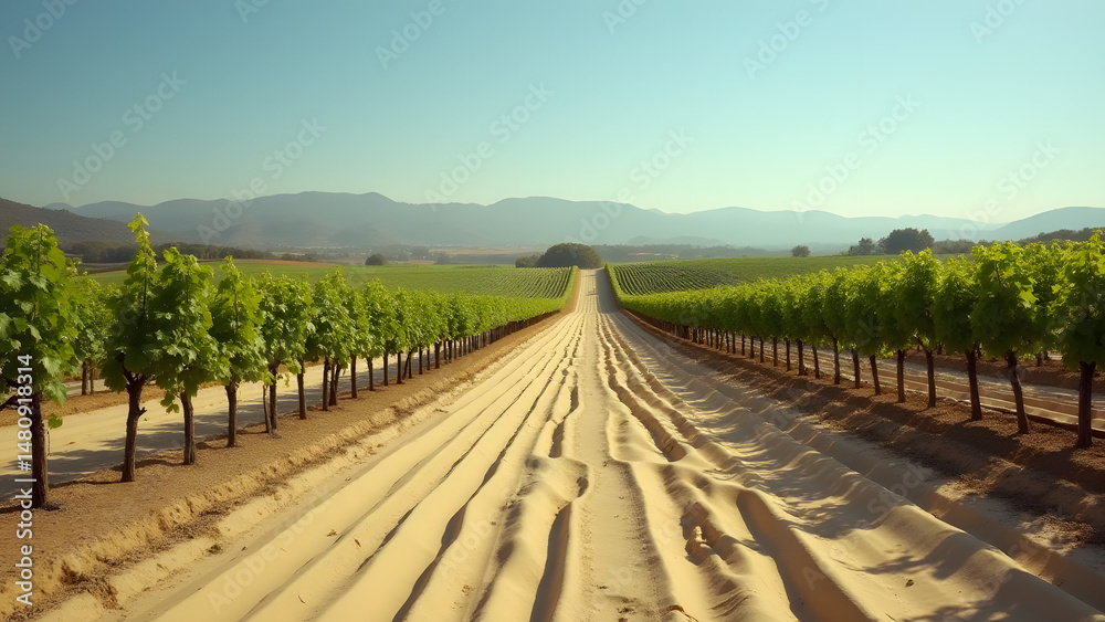 Fototapeta premium Vineyard rows on light loam soil at sunrise, perfect agricultural patterns, soft earth tones contrasting with green vines.