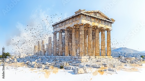 Ancient Greek temple, stone columns, ruins, birds flying, bright sky, scenic landscape