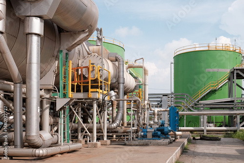 Demineralized water tank and multi effect desalination plant (MED) at industrial power plant. A thermal technology uses steam to produce distilate water from seawater