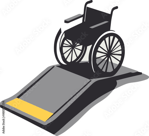 Flat minimal bold silhouette icon of wheelchair ramp light gray silhouette with a yellow accent detail health wellness icon