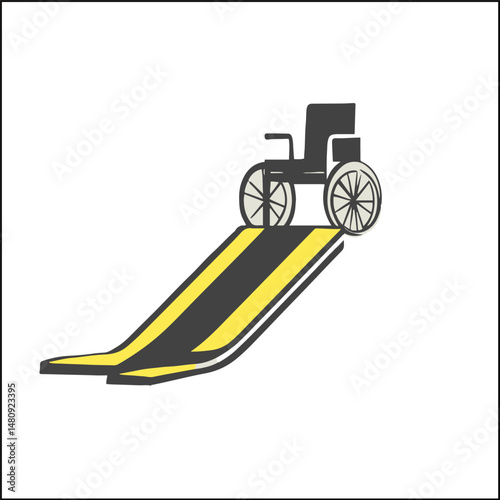 Flat minimal bold silhouette icon of wheelchair ramp light gray silhouette with a yellow accent detail health wellness icon