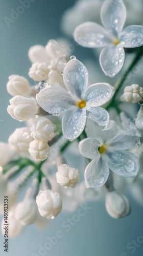 White lilac blooms with rain
