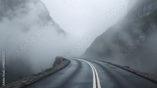 The road is in thick fog, creating a mysterious and atmospheric mood.