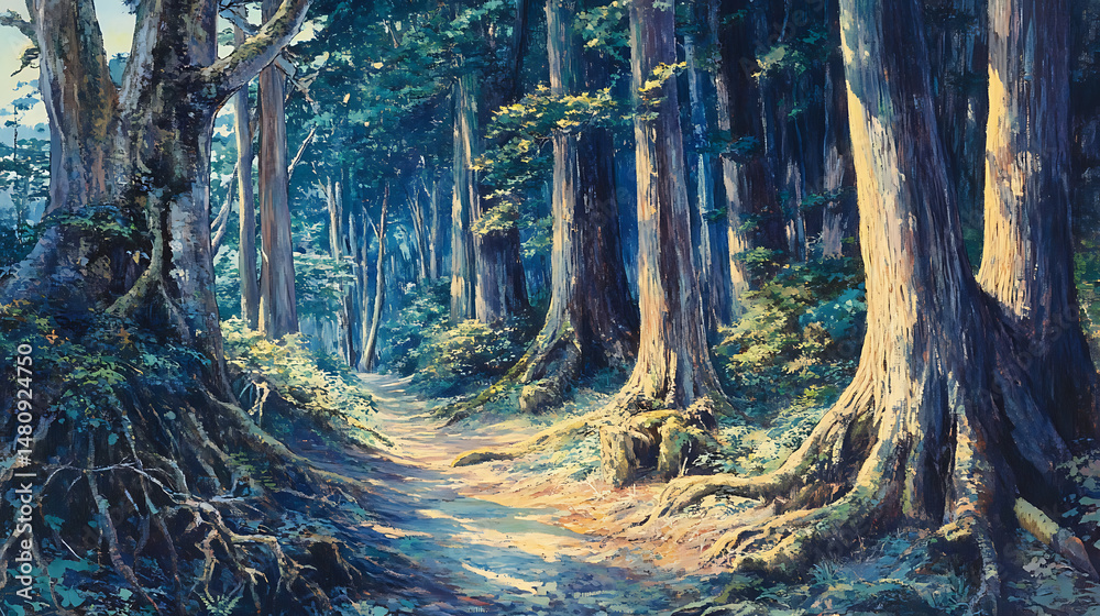 Naklejka premium Ancient cedar trees lining the mystical trails of Kumano Kodo pilgrim route (2)